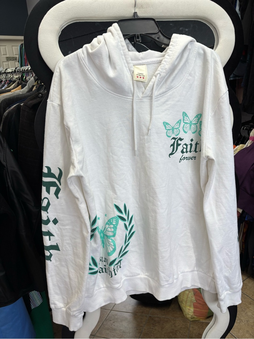 White Hoodie with Teal Butterfly & 'Faith' Script